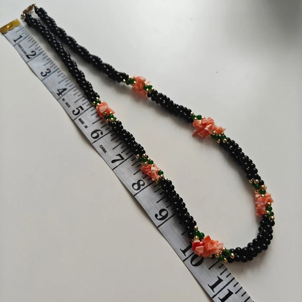 Vintage Black Beaded Necklace Pink Coral Green Jade Gold Tone Barrel Clasp 22